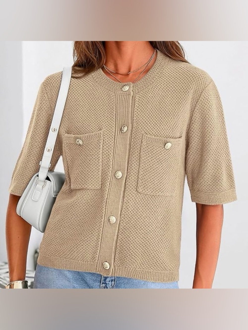 Short-Sleeve Knit Cardigan in Beige